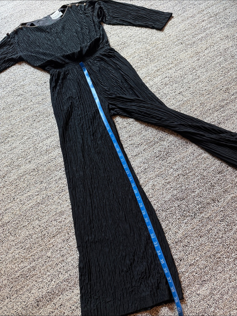 Vintage Ruth Norman Black Crinkle Wide-Leg Jumpsuit Button-Trim Shoulders - Picture 7 of 9